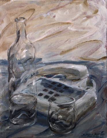 "Telefono, bicchiere e bottiglia" opera di Simone Romani